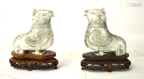 Pr Chinese Covered Jade Bird Figures