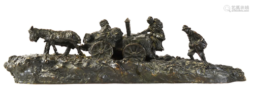 Large Bronze Group of Men w Wagon