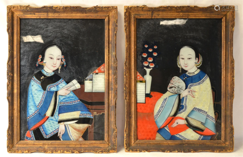 Pr Framed Chinese Reverse Glass Paintings