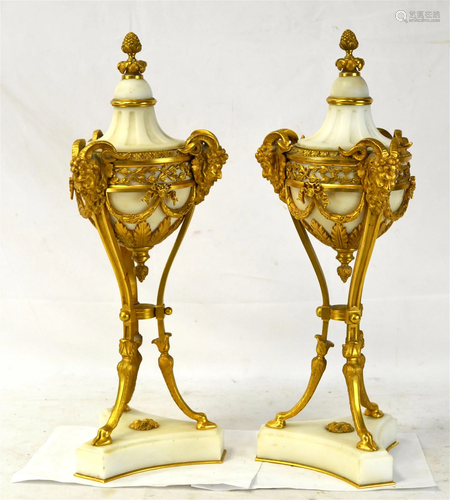 Pr Fine Gilt Bronze Mounted White Marble Urns