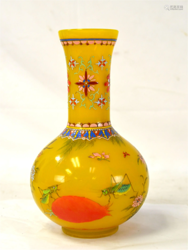 Chinese Yellow Ground Perking Glass Vase