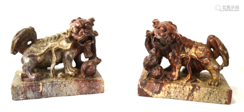 Pr Chinese Carved Soapstone Foo Dogs