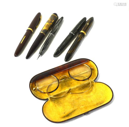 Five Vintage Gold Pens & Glasses