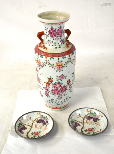 Three Pcs of Chinese Famille Rose Vase & Dishes