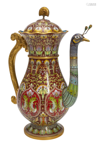Chinese Closionne Bird Teapot with Gilded Handle