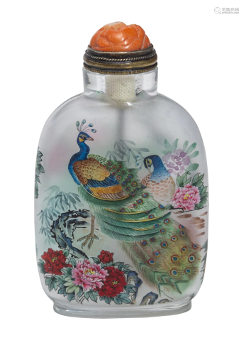 Chinese Reverse Painted Peacock Snuff Bottle