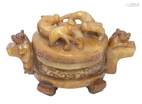 Chinese Carved Hardstone Box and Lid