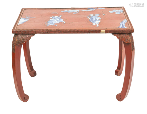 Chinese Lacquered Cocktail Table with Porcelain Insets