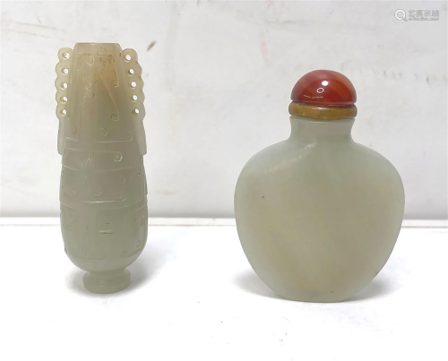 Chinese Light Green Jade Snuff Bottle and Vessel