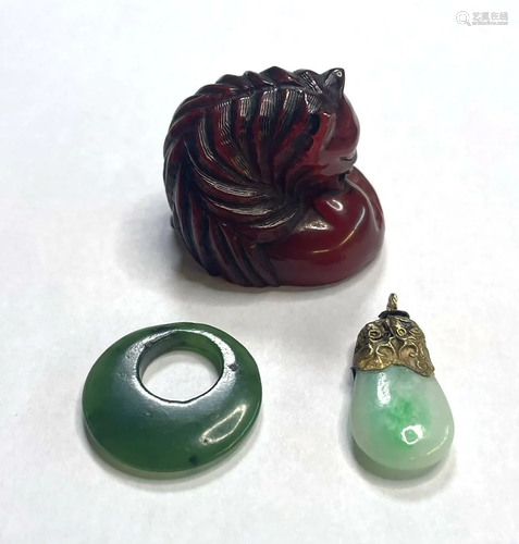 Chinese Amber Cat, Jadeite, Gold Drop plus