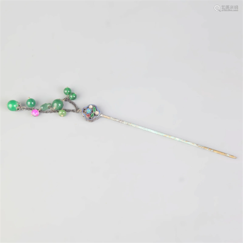 A FINE CLOISONNE ENAMEL JADE HAIRPIN