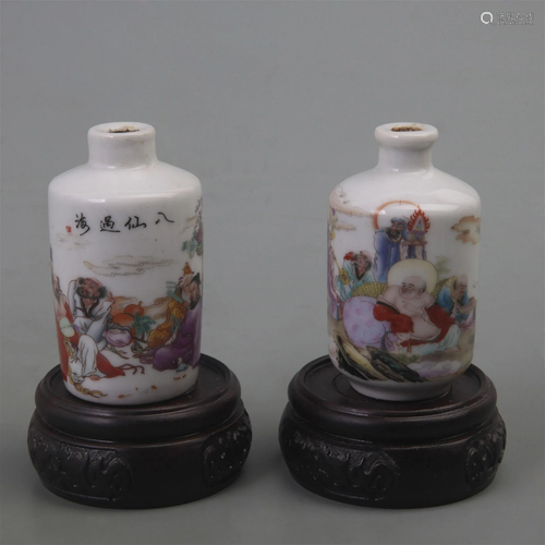 TWO FAMILLE ROSE CHARACTER PATTERN SNUFF BOTTLE