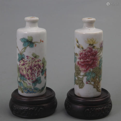 TWO FAMILLE ROSE FLOWER AND BIRD PATTERN SNUFF BOTTLE