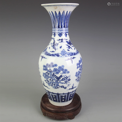 BLUE AND WHITE CRANE PATTERN FLOWER PATTERN PORCELAIN VASE