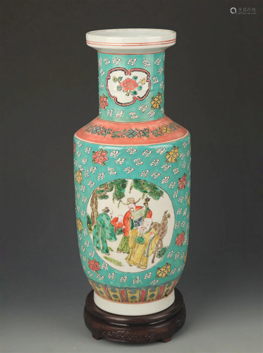 TURQUOISE GROUND FAMILLE ROSE CHARACTER PAINTED VASE