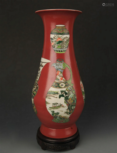 A LARGE RED GLAZED FAMILLE VERTE VASE