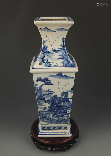 BLUE AND WHITE LANDSCAPE SQUARE VASE