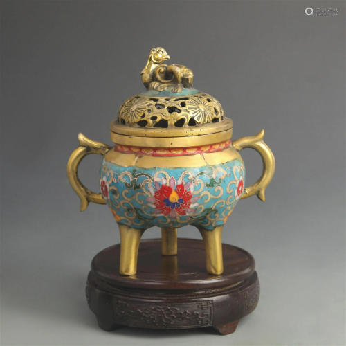 A FINE CLOISONNE ENAMEL LOTUS CARVING INCENSE BURNER