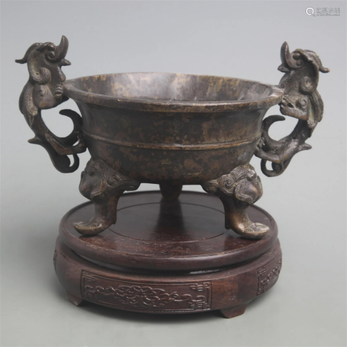 A FINE DRAGON HANDLE THREE FOOT BRONZE CENSER