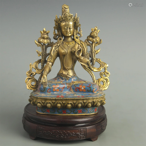 A FINE CLOISONNE ENAMEL BRONZE GREEN TARA STATUE