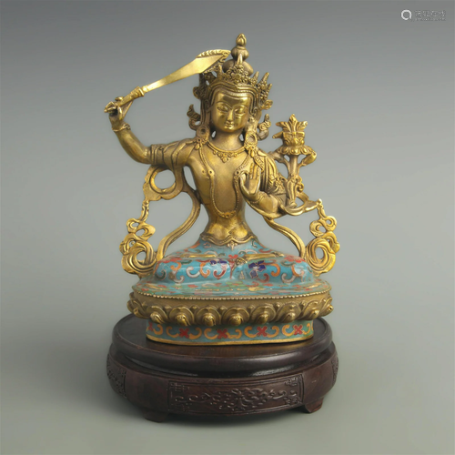 A FINE CLOISONNE ENAMEL MANJUSRI BUDDHA STATUE