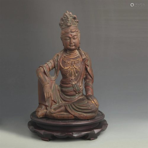 A FINE COLORED WOODEN GUAN YIN STATUE