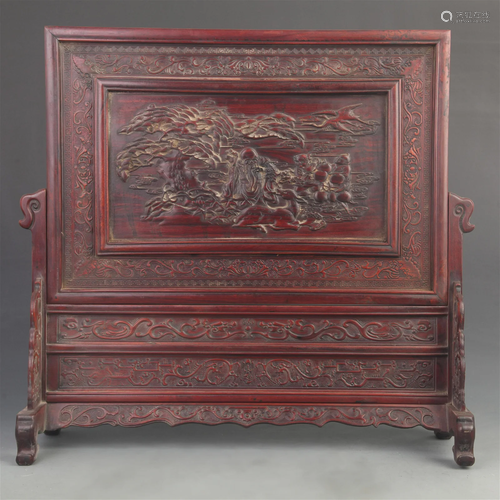 A FINE RED WOOD MADE FINELY CARVED TABLE SCREEN