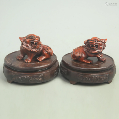 RARE PAIR OF BOXWOOD KIRIN FIGURE