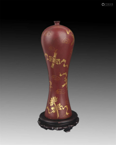 A GILT LACQUERED MEI STYLE WOOD VASE