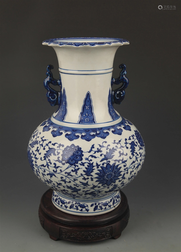 BLUE AND WHITE LOTUS PAINTED FLOWER TOP VASE