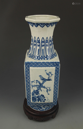 BLUE AND WHITE LANDSCAPE PAINTED SQUARE VASE