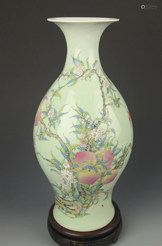 LIGHT BLUE GLAZED FAMILLE ROSE PEACH PATTERN VASE