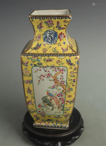 ENAMEL COLOR YELLOW GROUND FLOWER AND BIRD PATTERN VASE