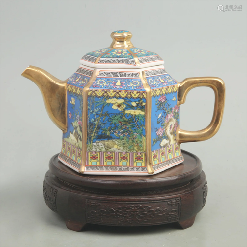 CLOISONNE ENAMEL FLOWER AND BIRD PATTERN PORCELAIN TEAPOT