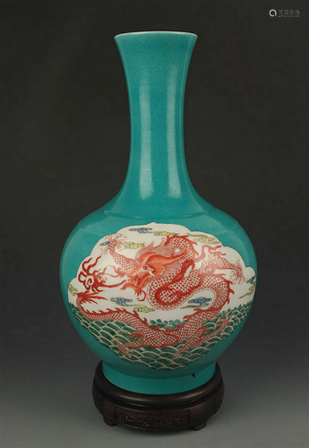 BLUE GLAZED FAMILLE VERTE DRAGON PAINTED GLOBULAR SHAPE VASE