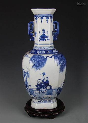 BLUE AND WHITE BOY PLAYING DOUBLE EAR PORCELAIN VASE
