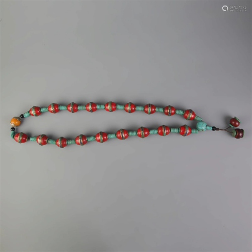 A FINE TIBETAN BUDDHISM RED CORAL AND TURQUOISE STONE NECKLA...