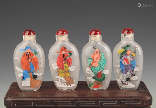 GROUP OF FOUR CRANE PAINTED SNUFF BOTTLE