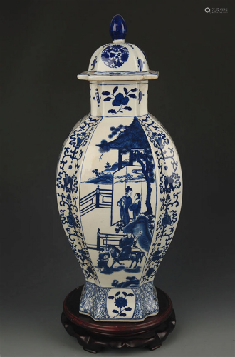 A BLUE AND WHITE CHARACTER PAINTED GENERAL JAR