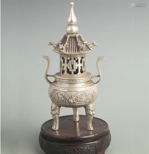 A FINE WHITE BRONZE STUPA SHAPED INCENSE BURNER