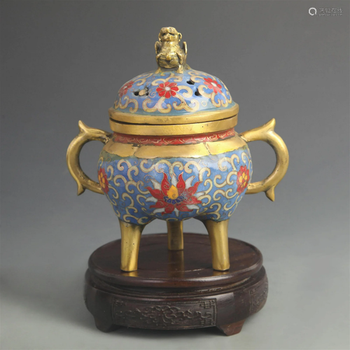 A FINE CLOISONNE ENAMEL LOTUS CARVING INCENSE BURNER