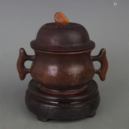 RARE CHARACTER PATTERN FISH EAR BRONZE INCENSE BURNER WITH R...