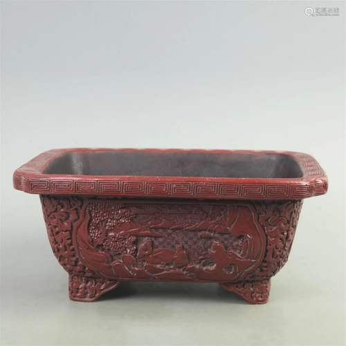 RARE RED CARVED LACQUER FLOWER CARVING PLATE