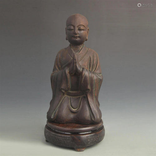 A FINE COLORED WOOD TIBETAN BUDDHA STATUE ANANDA