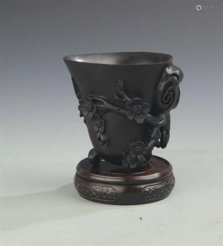 RARE ROSEWOOD PLUM BLOSSOM FLOWER CARVING CUP
