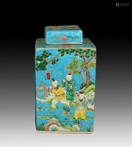 A FINE BLUE GLAZED FAMILLE ROSE BOY PLAYING PATTERN VASE WIT...