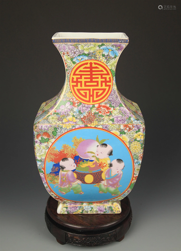 ENAMEL COLOR BOY PLAYING PATTERN SQUARE VASE