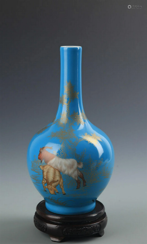 RARE BLUE COLOR GLAZED SHEEP PATTERN PORCELAIN BOTTLE