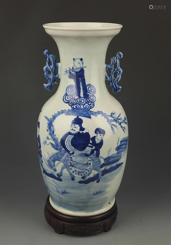 BLUE AND WHITE STORY PAINTED DOUBLE EAR VASE