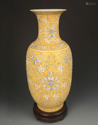 YELLOW GROUND ENAMEL COLOR LOTUS FLOWER VASE